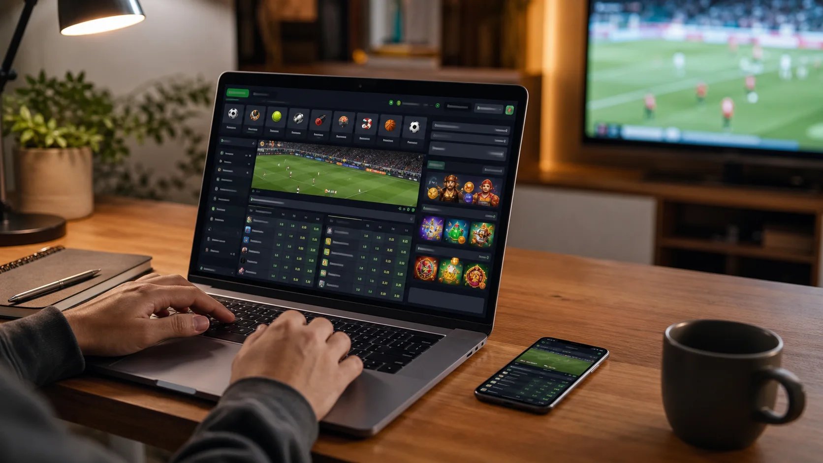 Plataforma megapari em notebook e celular com apostas esportivas e cassino online